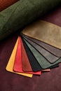 Artificial leather samples on a cow leather background. Top view. Royalty Free Stock Photo