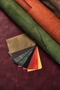 Artificial leather samples on a cow leather background. Top view. Royalty Free Stock Photo