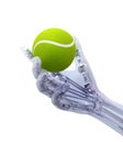 An artificial limb holding a tennis ball