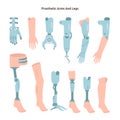 Artificial limbs types set. Prosthesis for arm and legs. Biotechnology for disabled