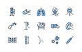 Artificial lung ventilation flat line icons set blue color. Vector illustration coronavirus test and medical equipment