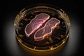 Artificial meat in glass container. Lab grown meat. AI generative concept illustration, AI generated imaginary object