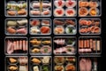 Artificial meat, variety of meat products in packages on supermarket shelves, future protein food