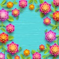 Artificial paper flowers on a blue wooden plank background with copy space in the center. Royalty Free Stock Photo