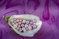 Artificial pearls inside the oyster shell. Different colors and size of pearls. Isolated on a rose background Royalty Free Stock Photo