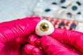 Artificial plastic human eye in doctor's hands.Eyes transplantation. eye prosthesis.