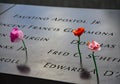 Artificial Poppy flowers next to names of 9/11 Victims