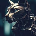 Artificial robotic feline with bright blue eyes