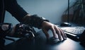 Artificial robotic hands of a man sitting at the desk. Technology and cyber concept. Laptop keyboard and mouse at backdrop.