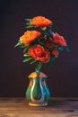 Artificial roses in a creative vase, bright flowers in a teapot,