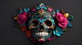 Artificial skull with colorful flowers. Generative AI