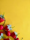 Artificial strawberries and cherries fruit isolated on orange background. Free copy space