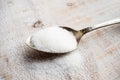 Artificial Sweeteners and Sugar Substitutes in metal spoon. Natural and synthetic sugarfree food additive: sorbitol, fructose, h Royalty Free Stock Photo