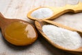 Artificial Sweeteners and Sugar Substitutes in wooden spoons. Na Royalty Free Stock Photo