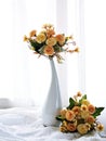 Artificial yellow rose flowers bouquet in vase on table, copy space for text or writing ,pretty texture background or wallpaper Royalty Free Stock Photo