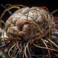 Artificially created human brain with variety of different color wires. Mixed mind concept, neuro created android Royalty Free Stock Photo