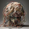 Artificially equipment, futuristically created human brain with variety of different color wires and devices. Mixed mind