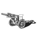 Artillery cannon hand graphic drawing. Military equipment