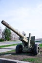 Artillery, green gun, artillery cannon gun ordnance for soldier warrior in the world war in the park