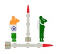 India Missile Rocket with nuclear bomb against Pakistan nuclear power. War threat. Powerful army weapon for battle. Doomsday alert