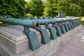 Artillery pieces on a granite pedestal in the Kremlin, Moscow. Sights of Russia. Architecture of World