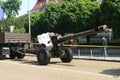 Artillery pieces howitzers D-20 152 mm on military hardware parade.