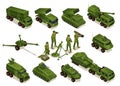 Artillery, rocket artillery, howitzer, ATGM, mortar with crew, heavy track with tank. Combat Vehicles vector set isometric icon