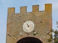 Artimino, Tuscany, Italy, turreted door-Porta turrita with clock, view.
