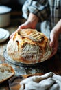 Artisan Baker Holding Freshly Baked Sourdough Bread in a Rustic Kitchen Royalty Free Stock Photo