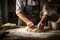 Artisan baker kneading dough in cozy kitchen