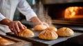 Artisan baker preparing fresh bread in a traditional oven setting Royalty Free Stock Photo