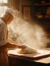 An artisan baker skillfully kneads dough in a sunlit kitchen, creating an atmosphere filled with tradition and warmth Royalty Free Stock Photo