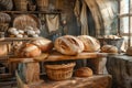 Artisan Bread Display on Wooden Table in Rustic Bakery with Baskets and Vintage Kitchen Background Royalty Free Stock Photo