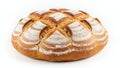 Artisan Bread Loaf with Flour Dusting, Round Shape, Golden Crust, and Cross Pattern Isolated on White Background for Royalty Free Stock Photo