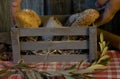 Artisan breads in a wooden box with wooden background Royalty Free Stock Photo