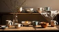 Artisan ceramic drinkware and serving bowls displayed on a rustic wooden surface Royalty Free Stock Photo