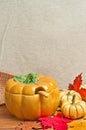 Artisan ceramic pumpkin soup bowl with fall leaves on wood board Royalty Free Stock Photo