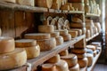 Artisan cheese making process displayed wooden shelves. Craftsmanship, cheesemaking