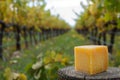 Artisan cheese, wooden post, vineyard during autumn. Selective focus
