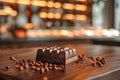 Artisan Chocolate Bar Displayed on Wooden Table in a Gourmet Shop with Coffee Beans and Cocoa Powder