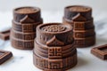 Artisan Chocolate Biscuits with Ornate Patterns Stacked on a White Surface