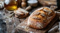 Artisan crusty bread on a wooden cutting board