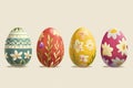 Artisan Easter eggs decorated with hand-painted floral patterns in bright colors. Easter card with four colorful painted Royalty Free Stock Photo