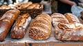 Artisan fresh bread on table displayed for sall on vendors stall . Generative Ai Royalty Free Stock Photo