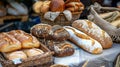 Artisan fresh bread on table displayed for sall on vendors stall . Generative Ai Royalty Free Stock Photo
