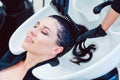 Artisan hairdresser washing hair of customer woman Royalty Free Stock Photo