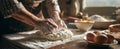 The artisan hands kneading dough in a sunlit kitchen..AI generated image Royalty Free Stock Photo