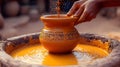 Artisan hands shaping clay on a potters wheel, creating a unique, textured vessel