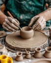 Artisan hands shaping clay on a spinning pottery wheel, with tools and neutral tones creating a serene artistic atmosphere