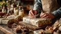 Artisan hands wrapping elegant chocolate gift in rustic setting Royalty Free Stock Photo